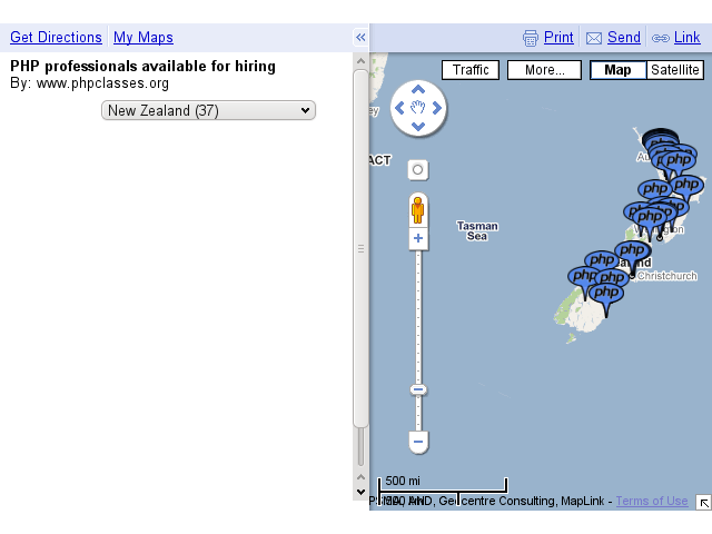 KML overlay object used to load markers of PHP professionals into My Maps in 