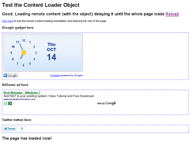 Screenshot of the example content loader page